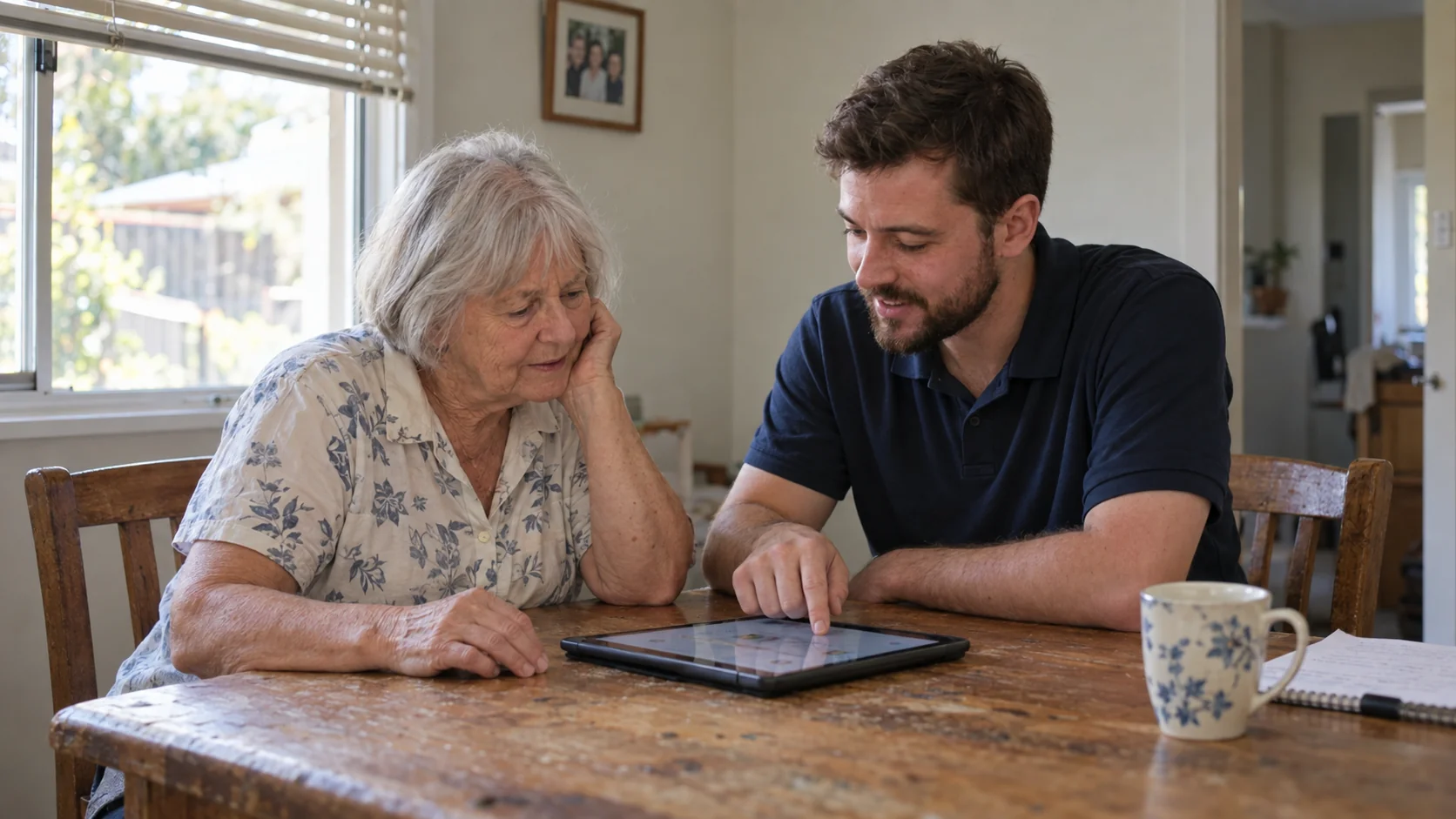 An older woman and a younger helper using a tablet together at home